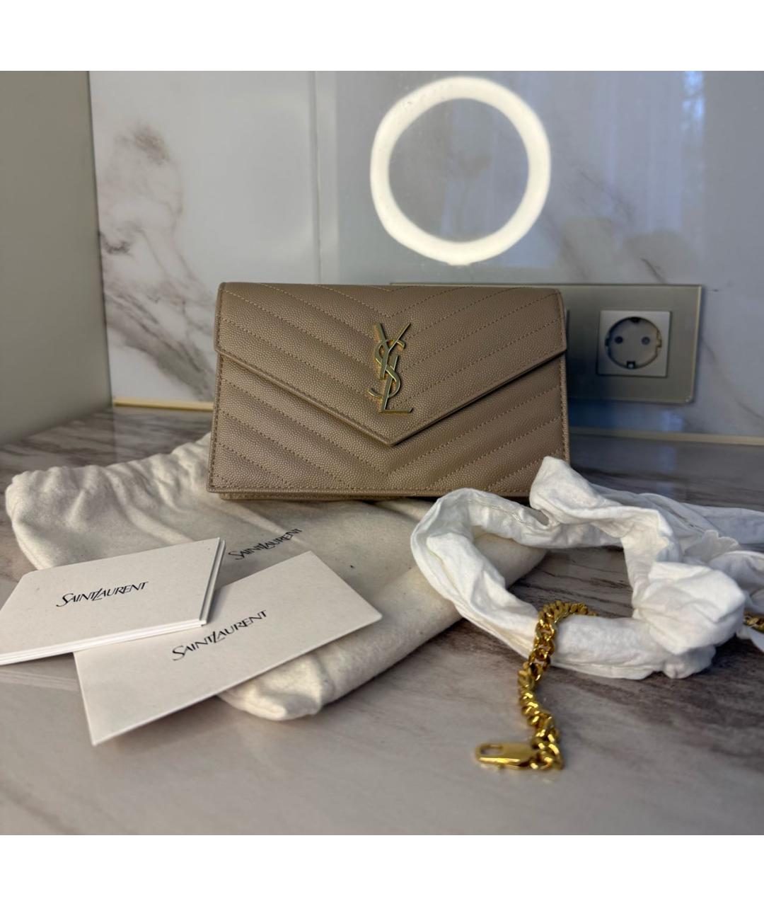 SAINT LAURENT Бежевая кожаная сумка через плечо, фото 2
