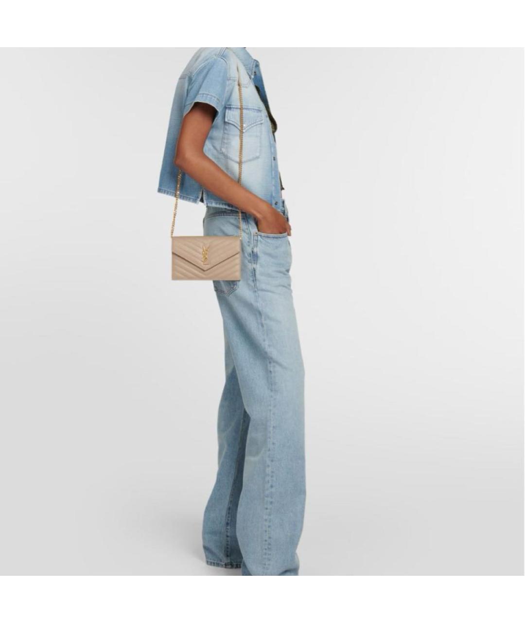 SAINT LAURENT Бежевая кожаная сумка через плечо, фото 6