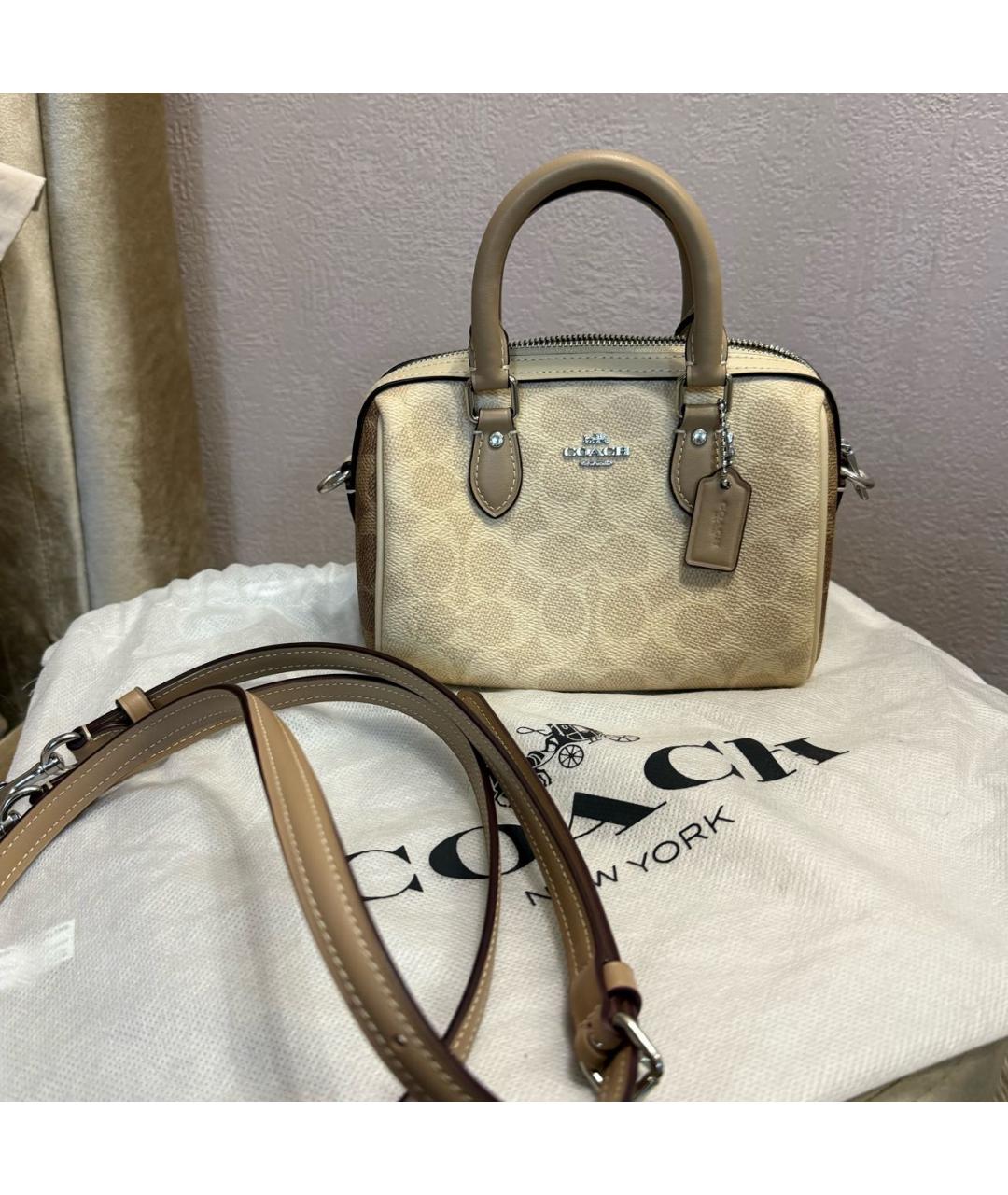 COACH Коричневая кожаная сумка с короткими ручками, фото 2