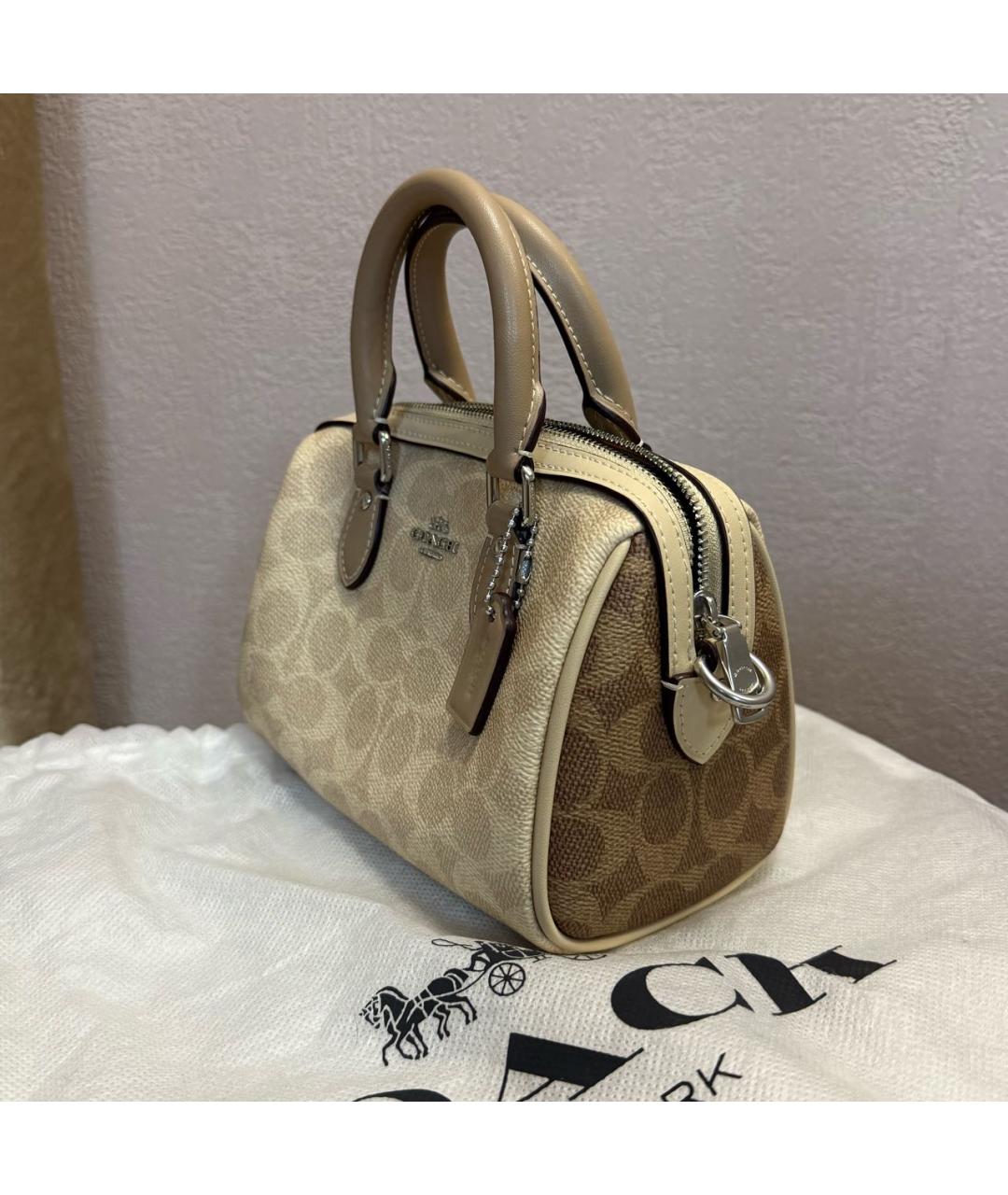 COACH Коричневая кожаная сумка с короткими ручками, фото 3