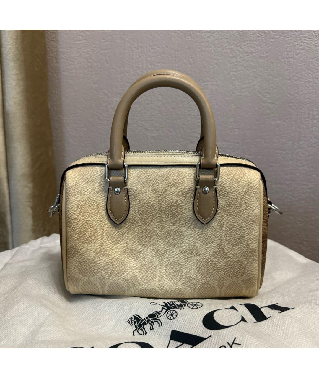 COACH Коричневая кожаная сумка с короткими ручками, фото 4