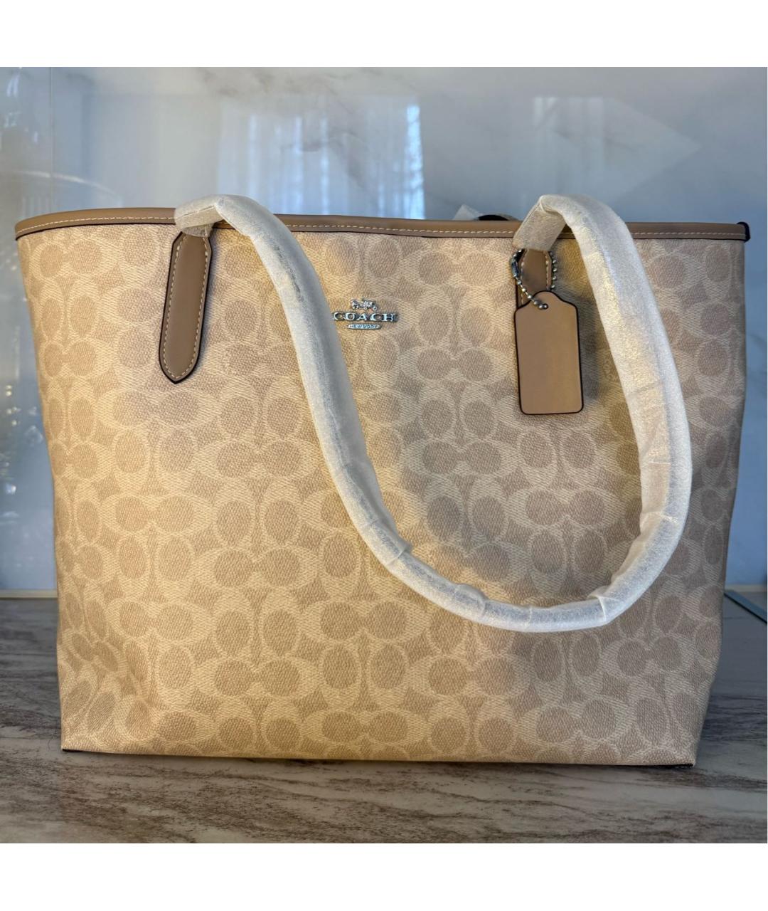 COACH Бежевая кожаная сумка тоут, фото 2