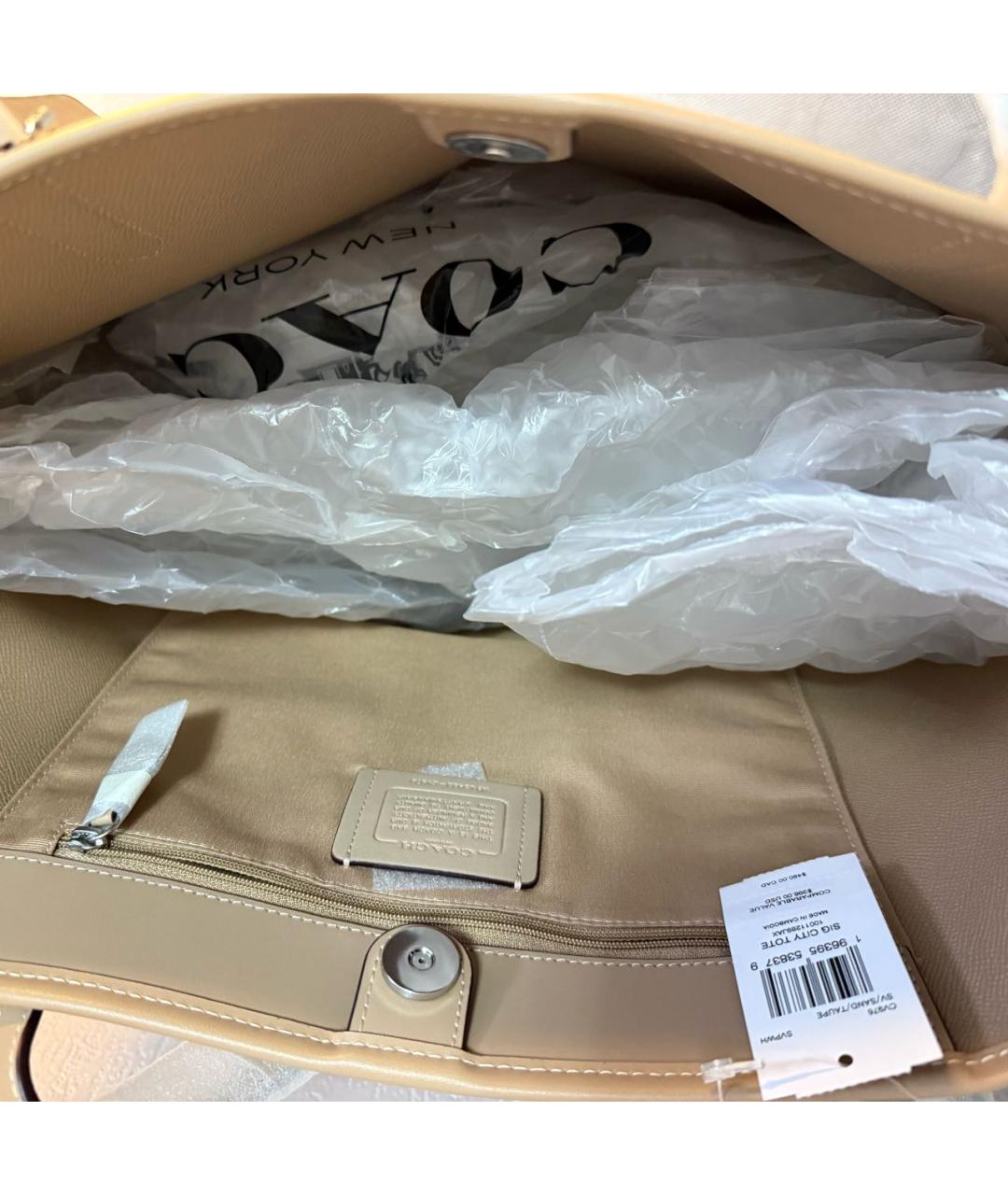 COACH Бежевая кожаная сумка тоут, фото 4