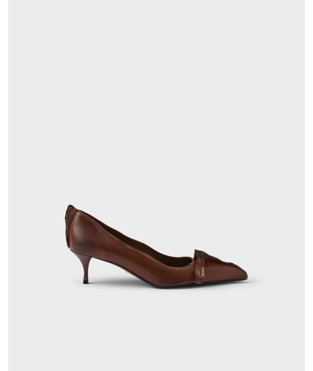 PRADA Коричневые кожаные лодочки на низком каблуке, фото 7