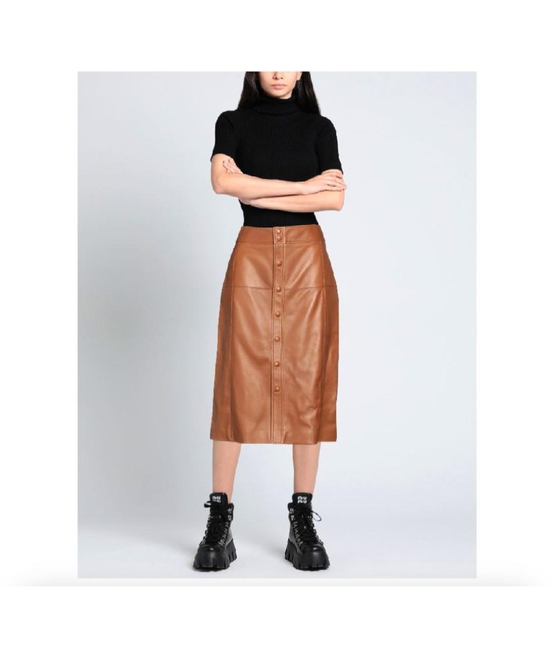 SAINT LAURENT Коричневая кожаная юбка миди, фото 5