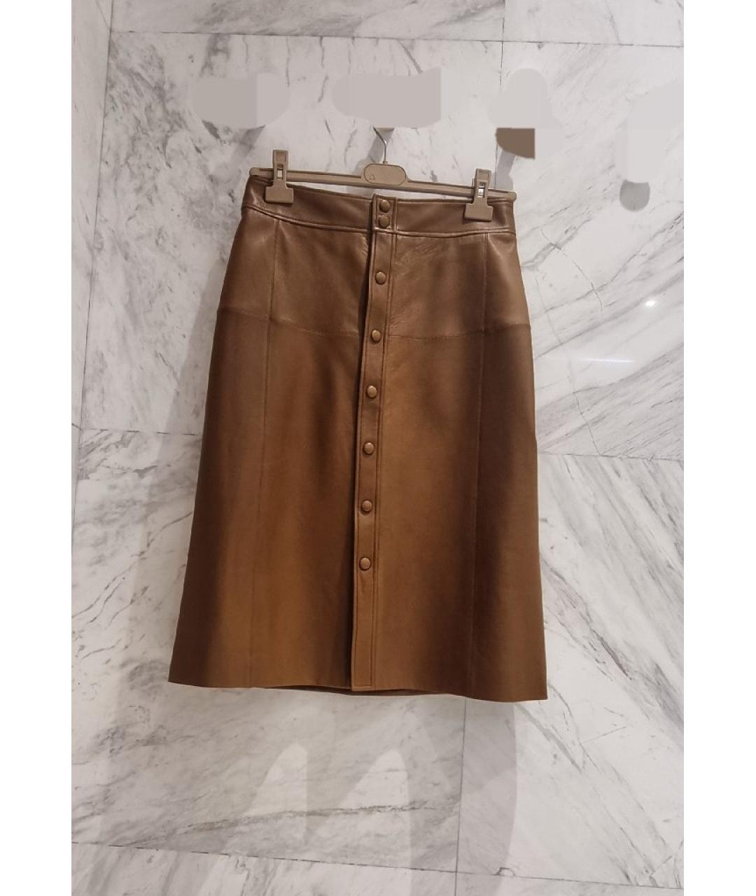 SAINT LAURENT Коричневая кожаная юбка миди, фото 8