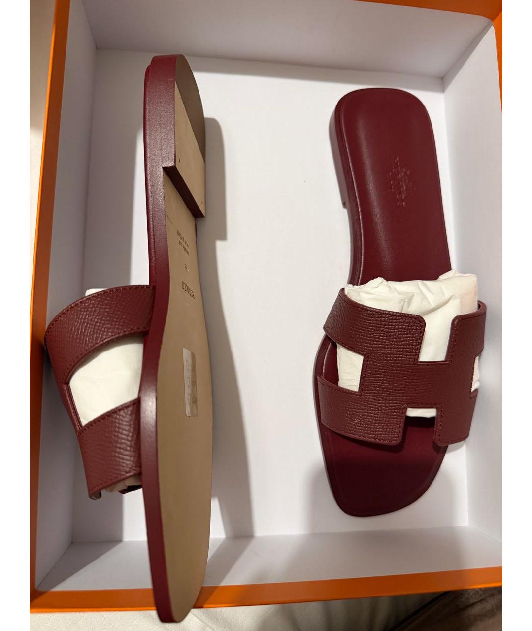 HERMES Бордовые кожаные шлепанцы, фото 2