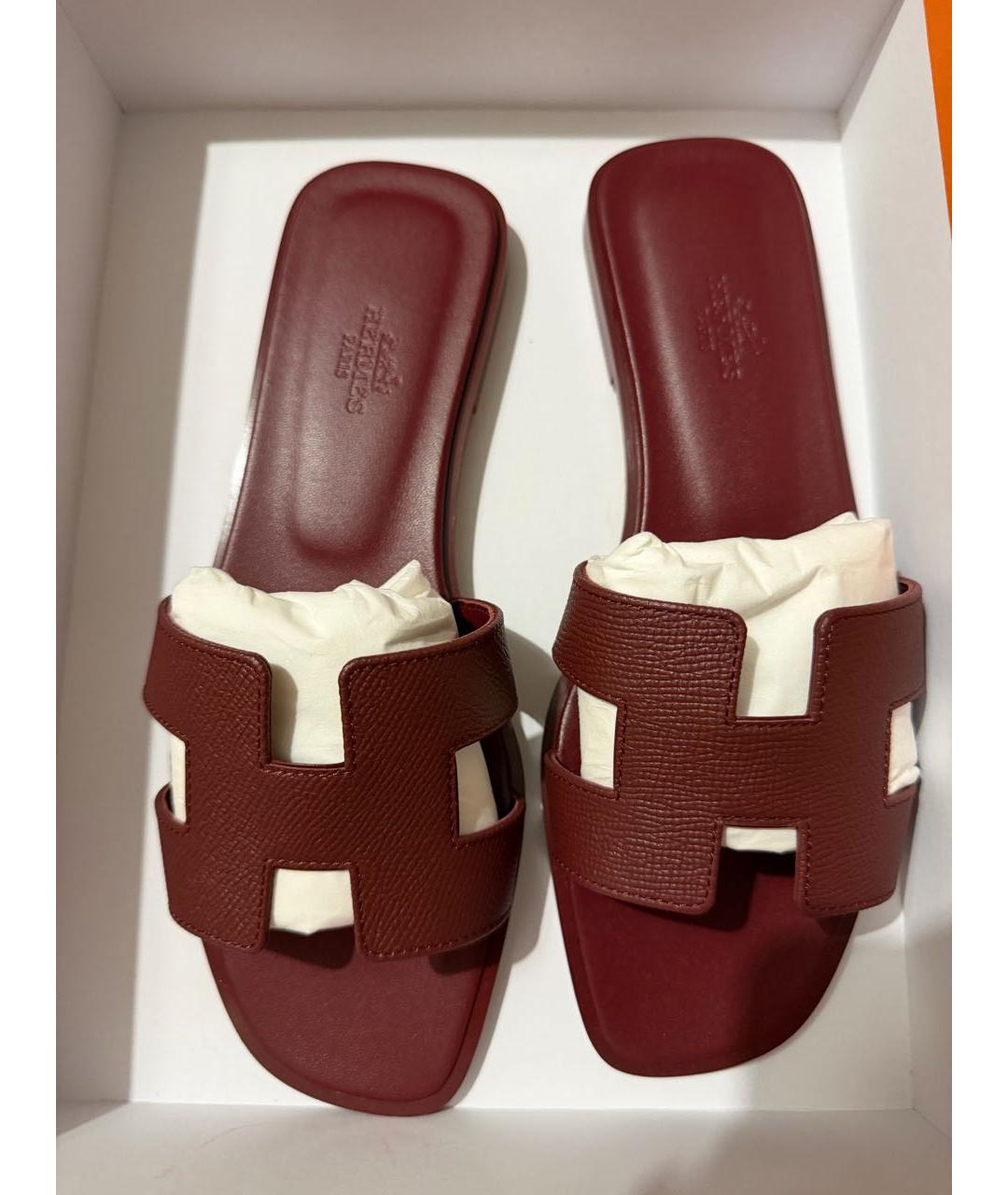 HERMES Бордовые кожаные шлепанцы, фото 4