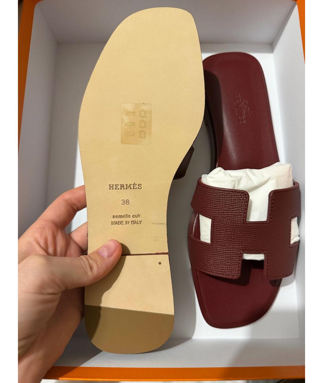 HERMES Бордовые кожаные шлепанцы, фото 3