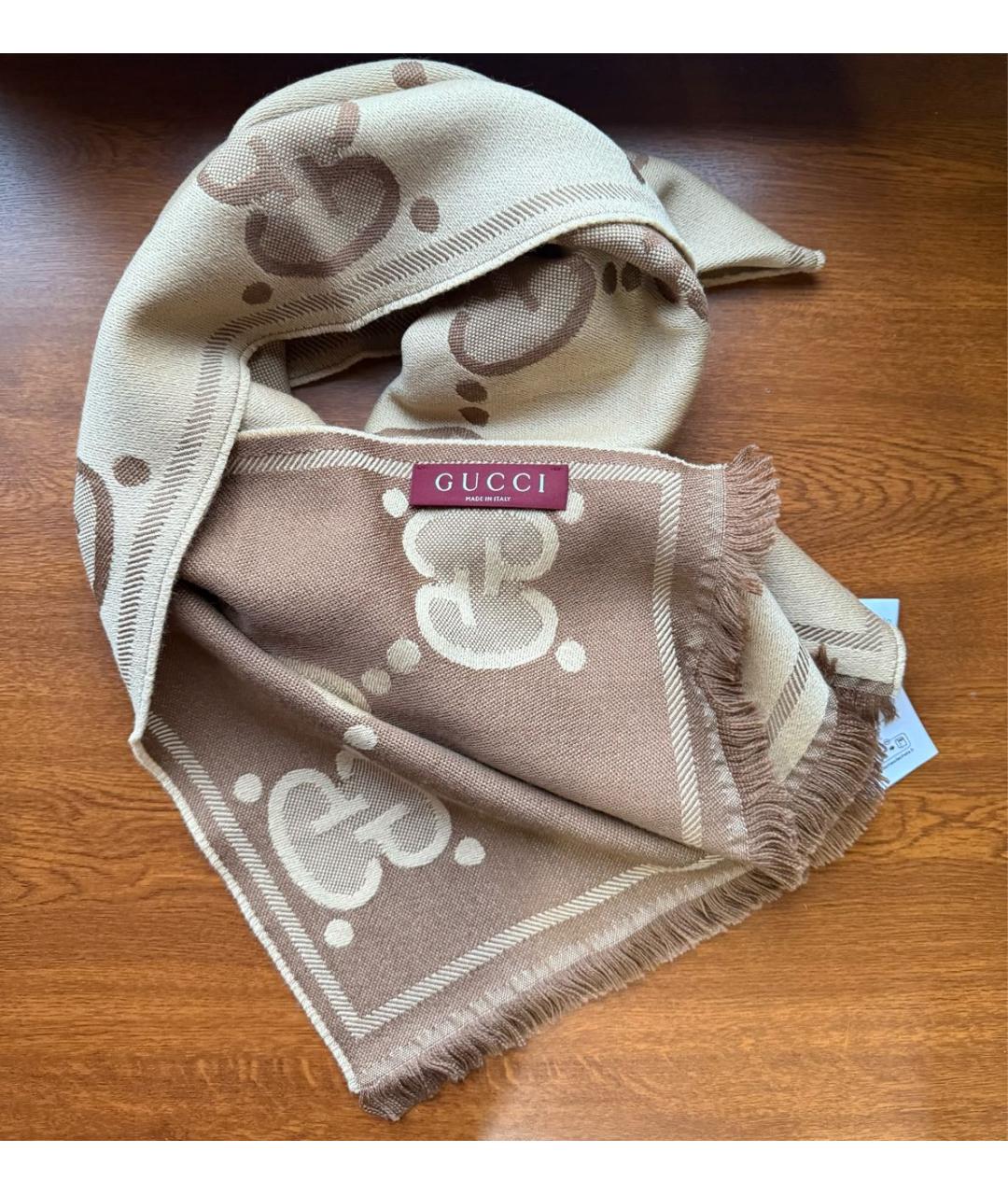 GUCCI Коричневый шерстяной шарф, фото 2