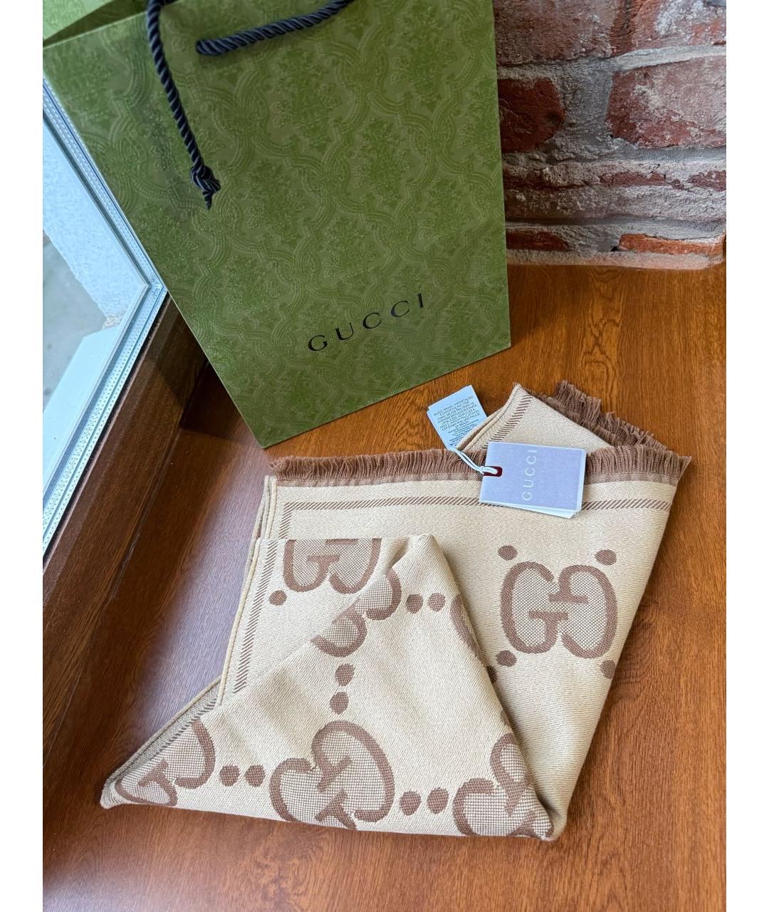 GUCCI Коричневый шерстяной шарф, фото 5