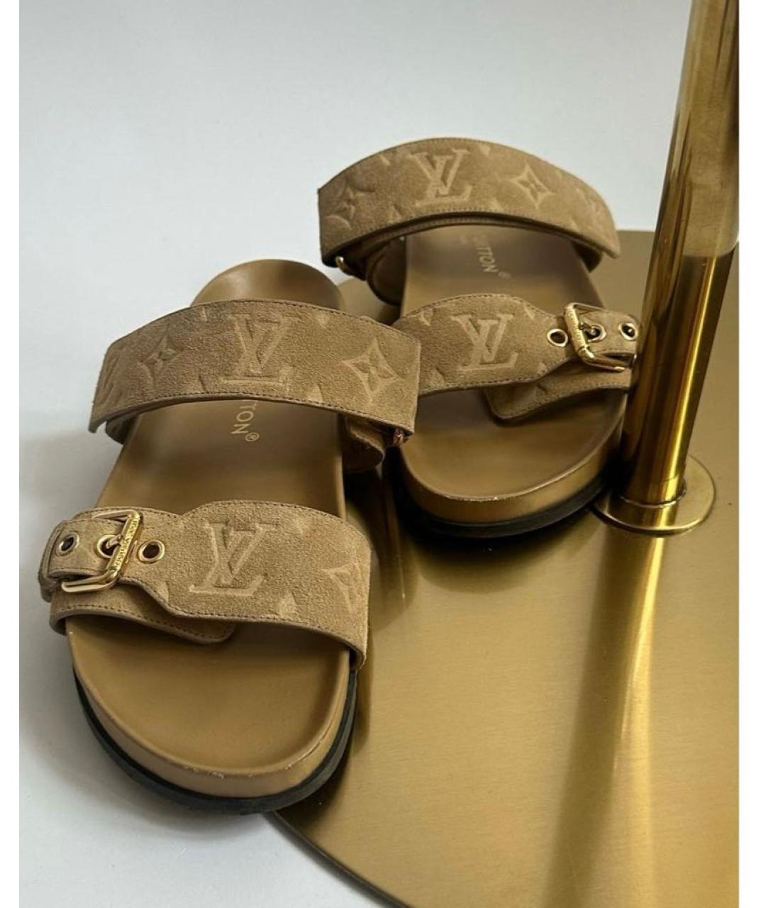 LOUIS VUITTON Бежевые замшевые шлепанцы, фото 5