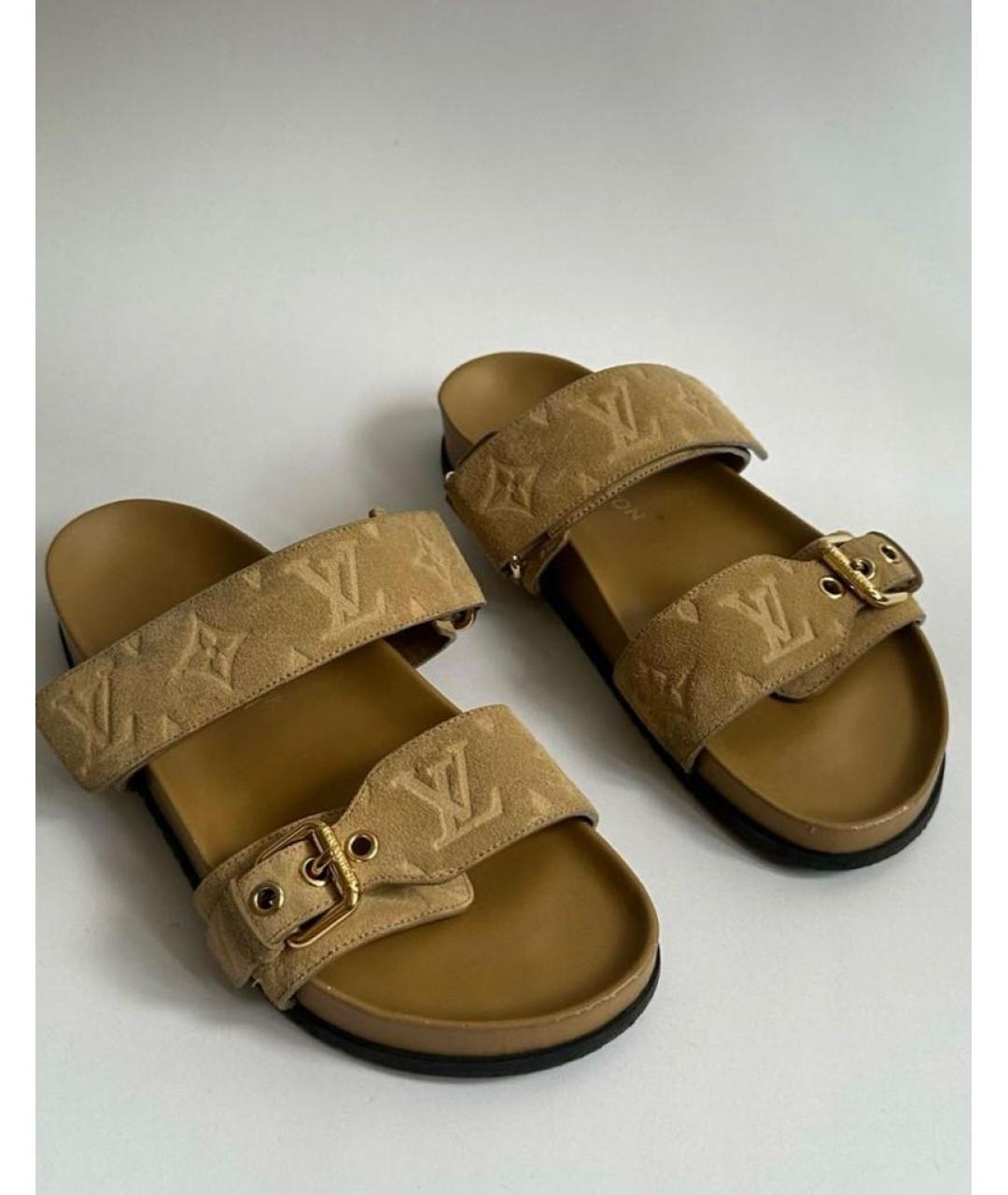 LOUIS VUITTON Бежевые замшевые шлепанцы, фото 2