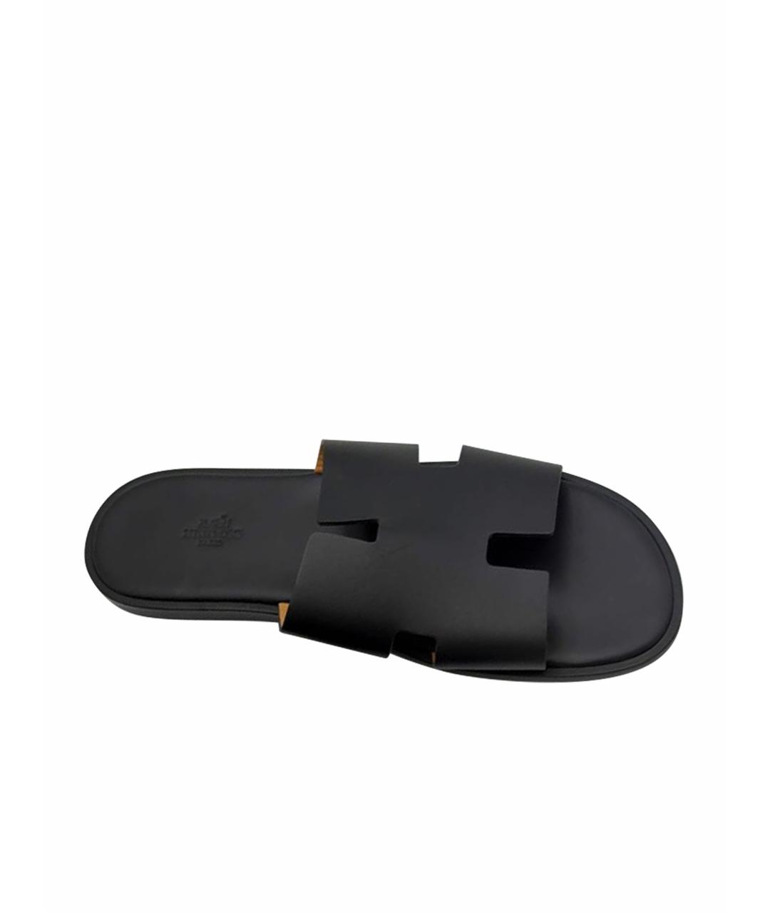 HERMES Черные кожаные шлепанцы, фото 1