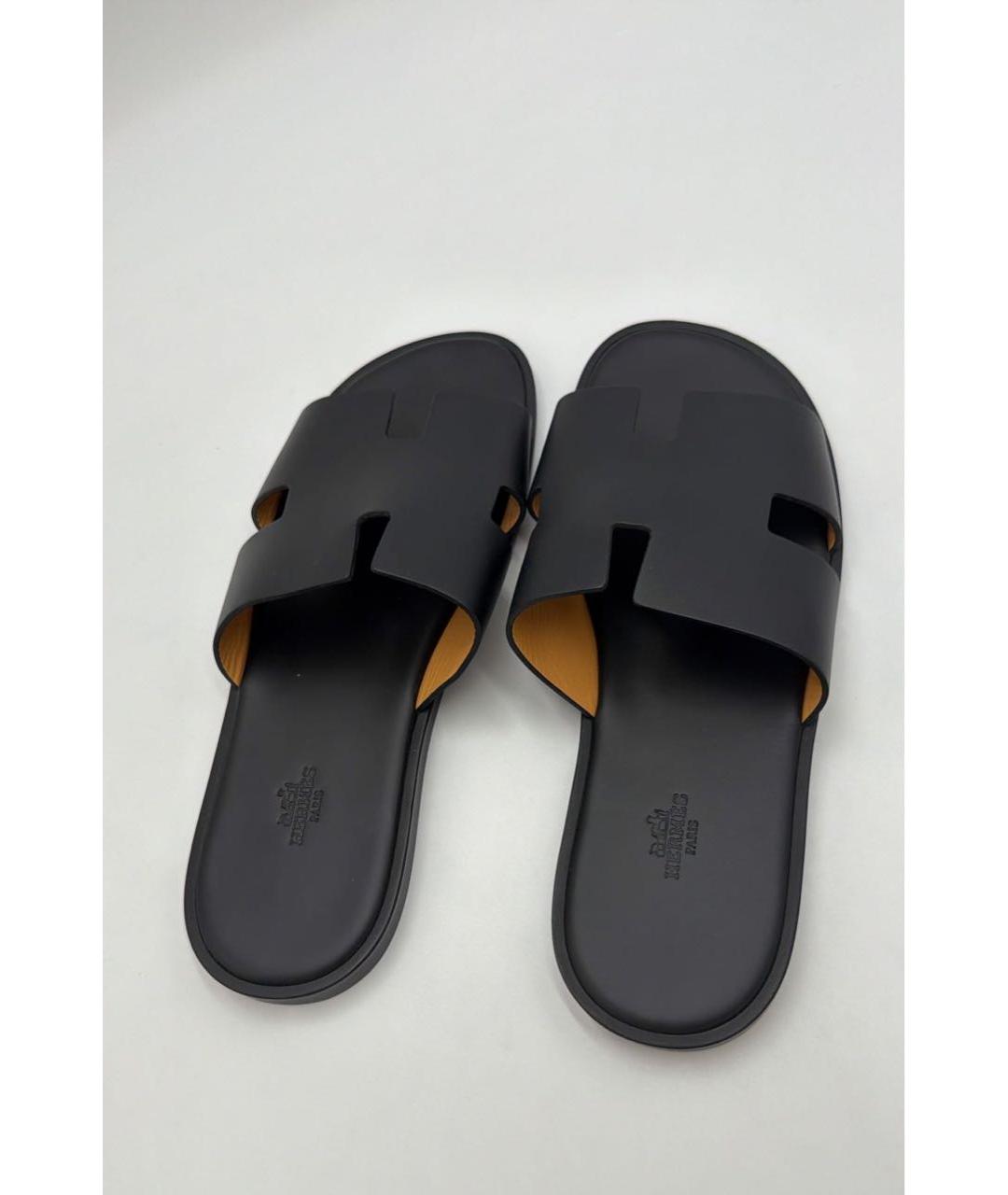 HERMES Черные кожаные шлепанцы, фото 3