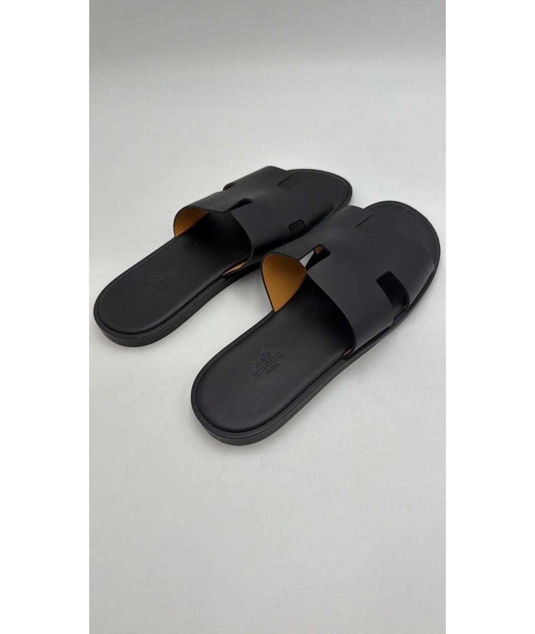HERMES Черные кожаные шлепанцы, фото 2