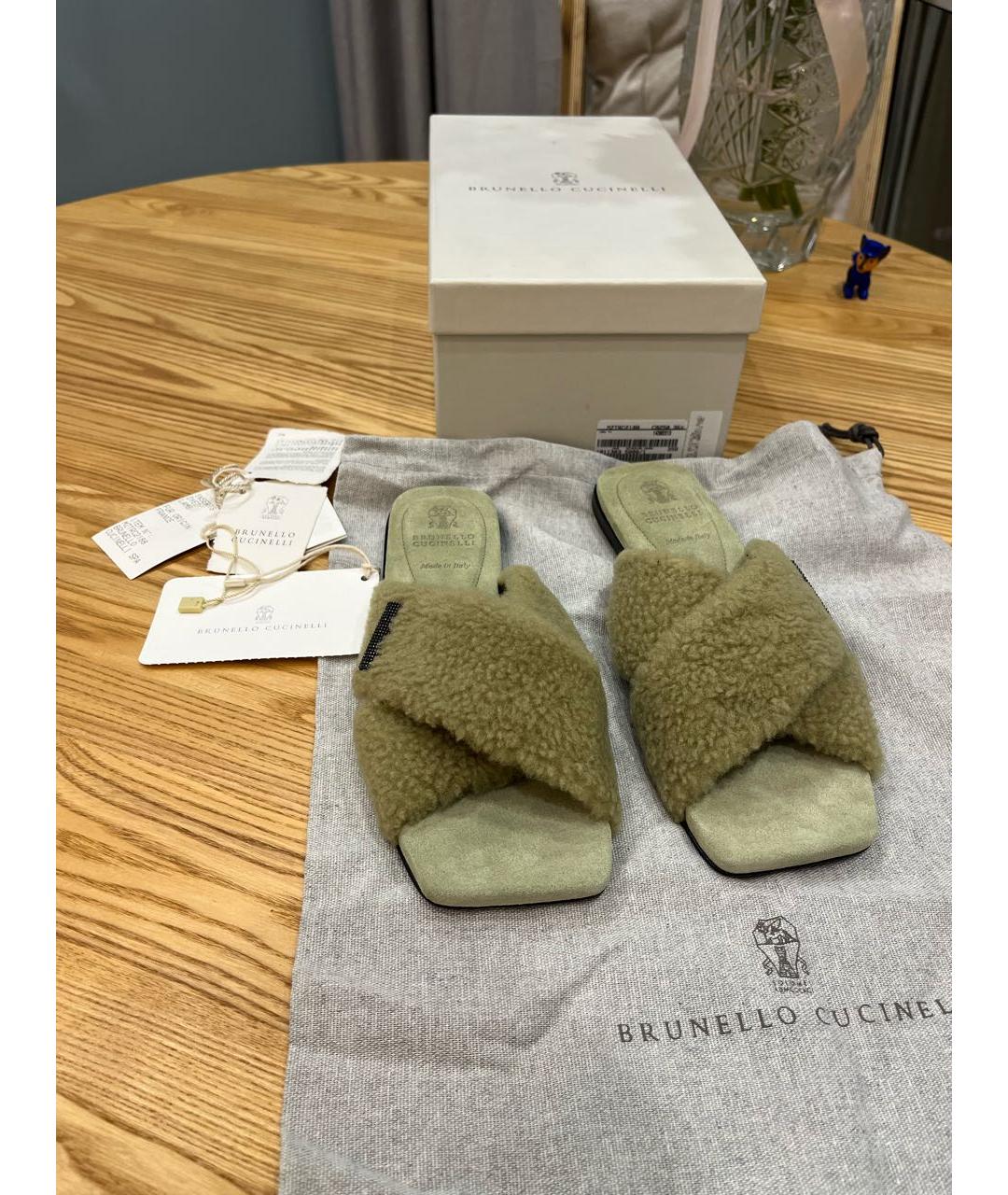 BRUNELLO CUCINELLI Зеленые кожаные шлепанцы, фото 7