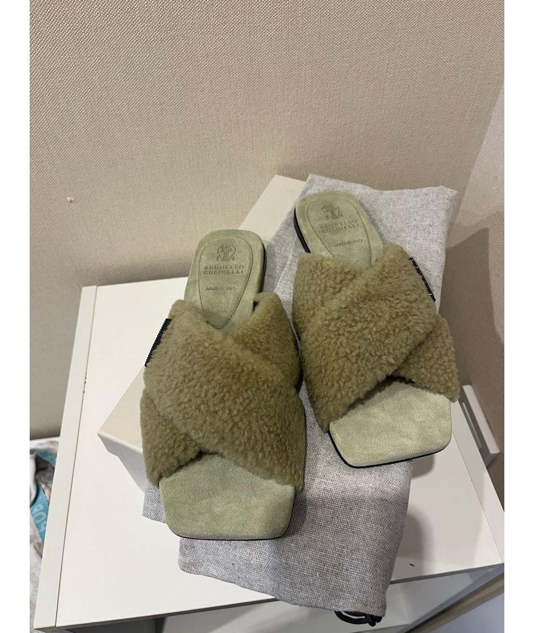 BRUNELLO CUCINELLI Зеленые кожаные шлепанцы, фото 3