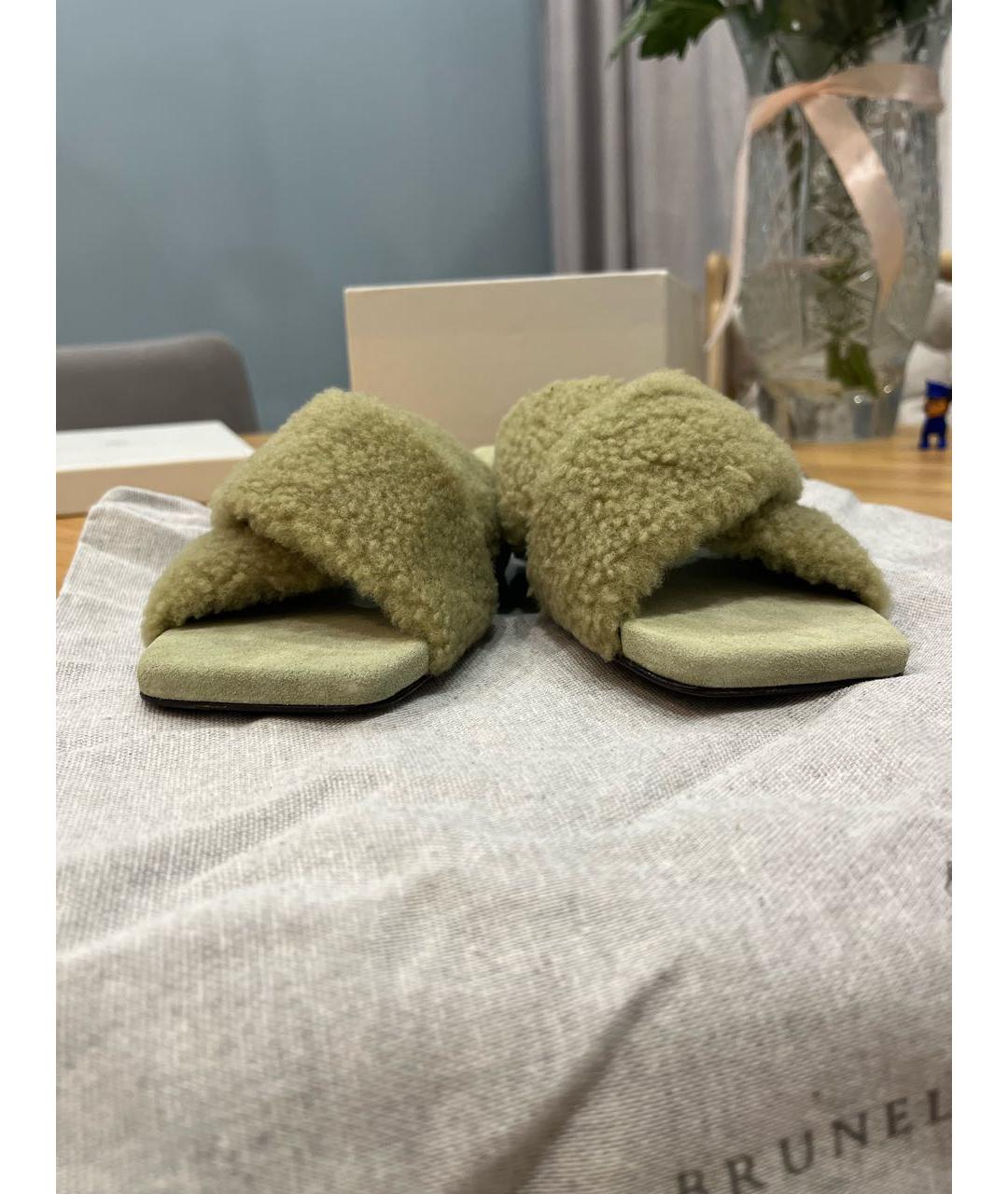 BRUNELLO CUCINELLI Зеленые кожаные шлепанцы, фото 5