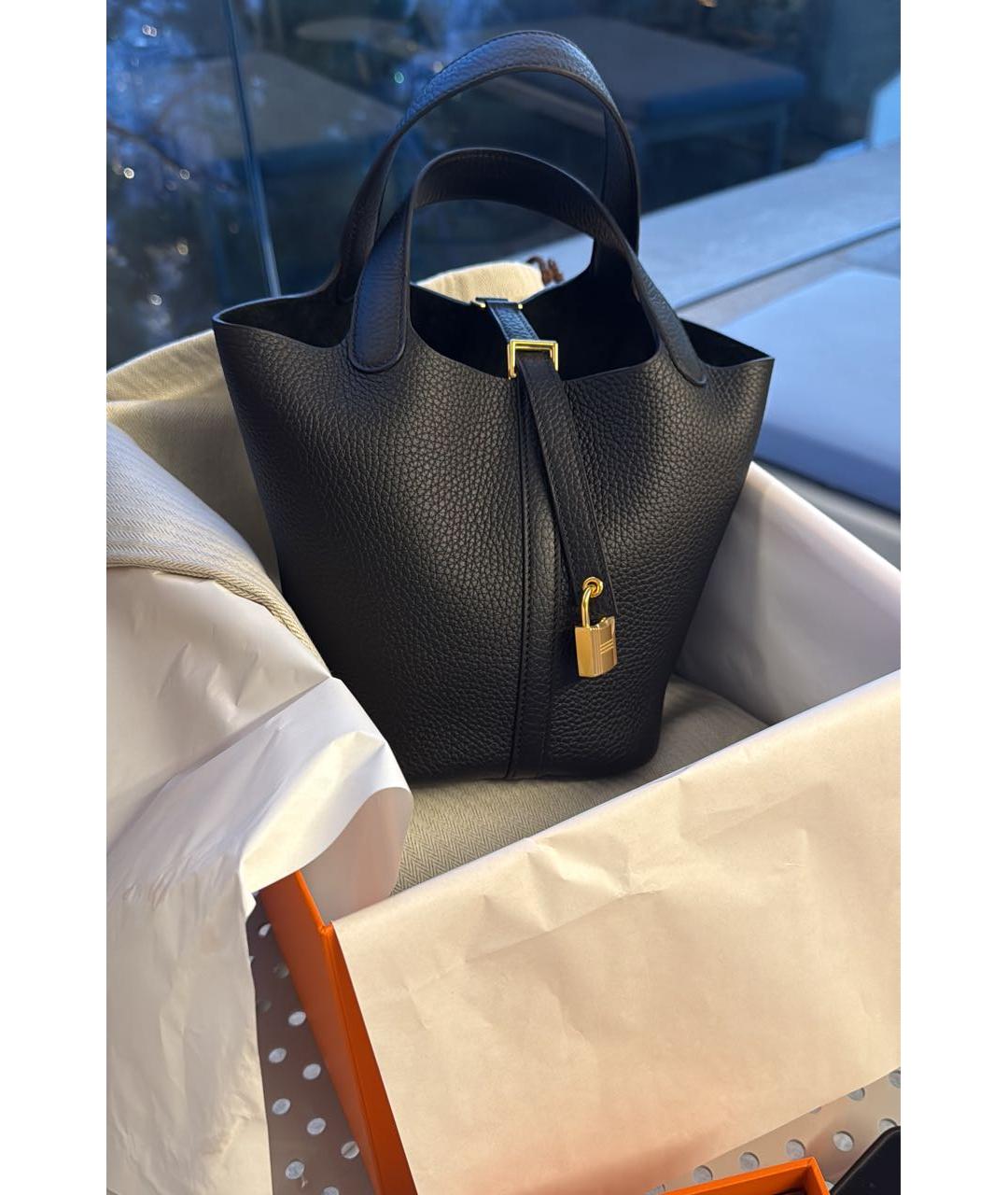 HERMES Черная кожаная сумка с короткими ручками, фото 5