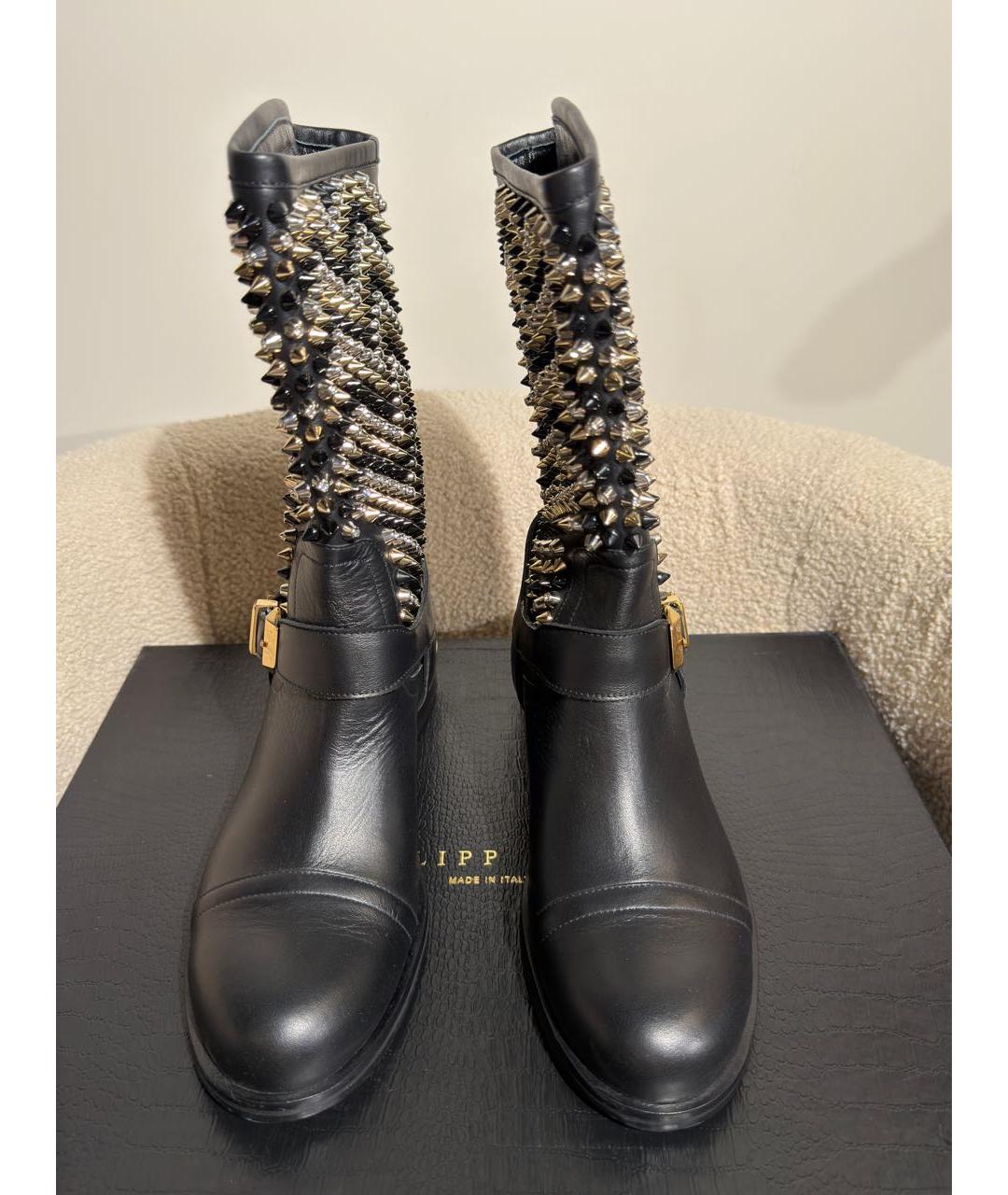 PHILIPP PLEIN Черные кожаные сапоги, фото 2