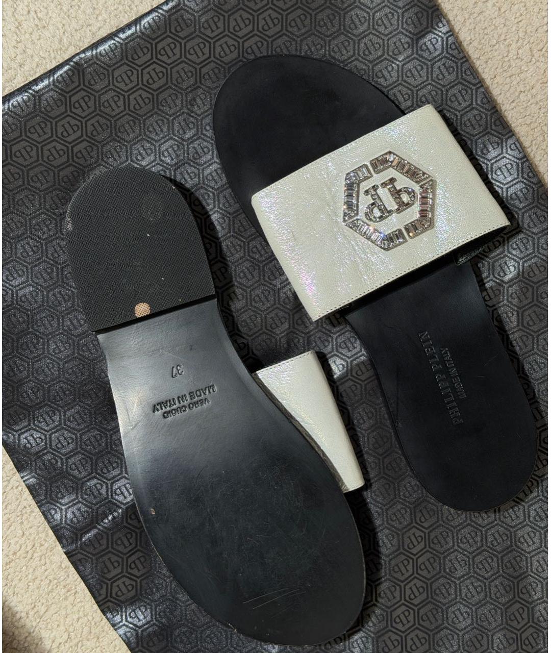 PHILIPP PLEIN Серебряные кожаные шлепанцы, фото 4