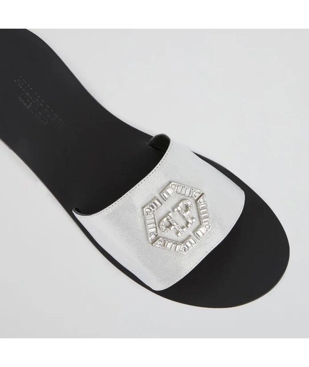 PHILIPP PLEIN Серебряные кожаные шлепанцы, фото 6