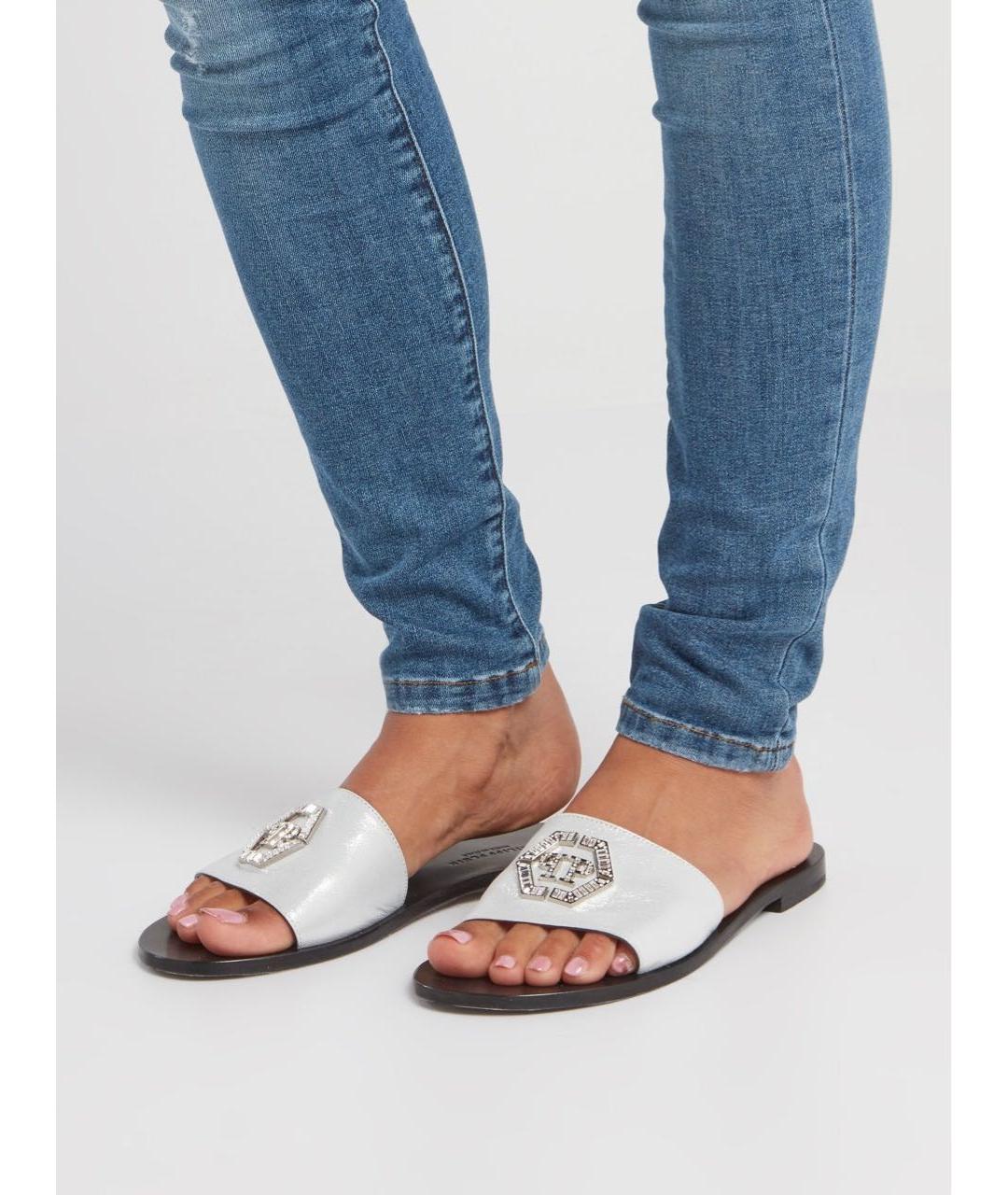 PHILIPP PLEIN Серебряные кожаные шлепанцы, фото 5