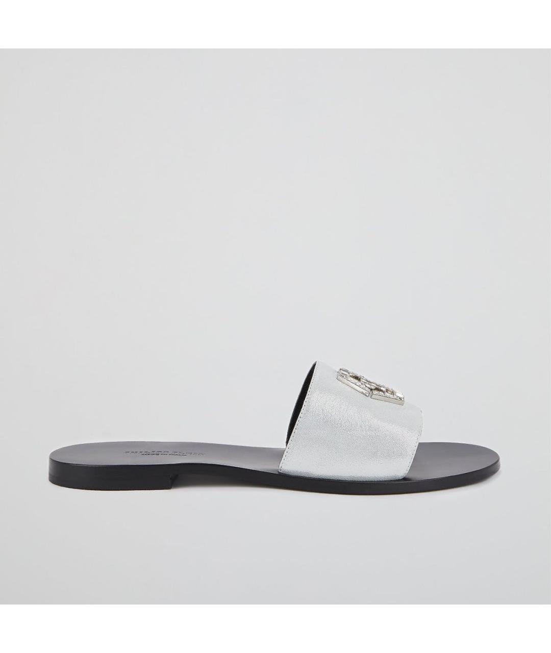 PHILIPP PLEIN Серебряные кожаные шлепанцы, фото 9