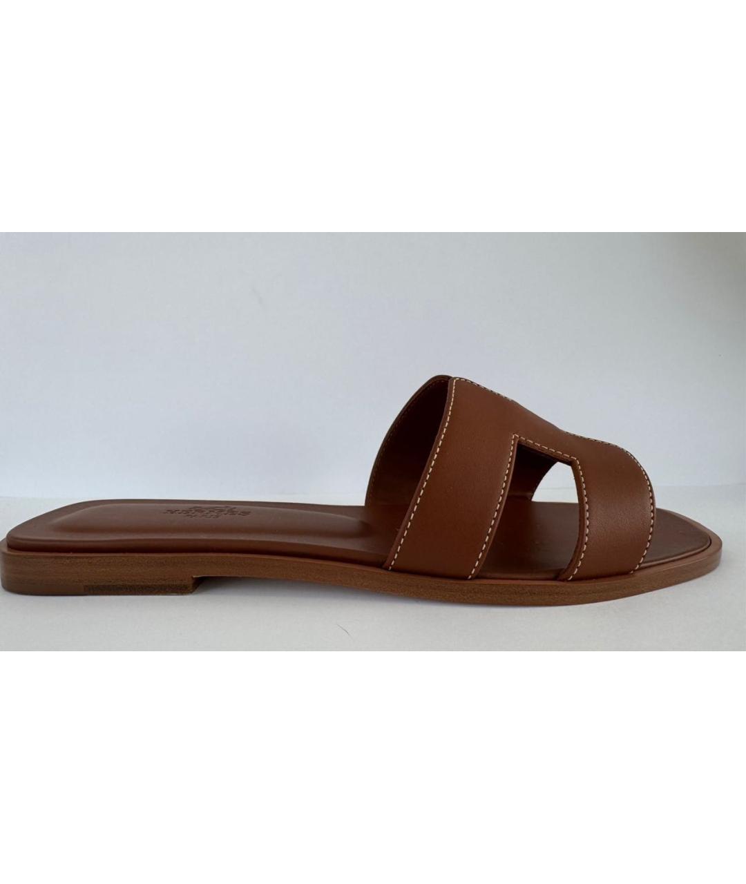 HERMES Коричневые кожаные шлепанцы, фото 5