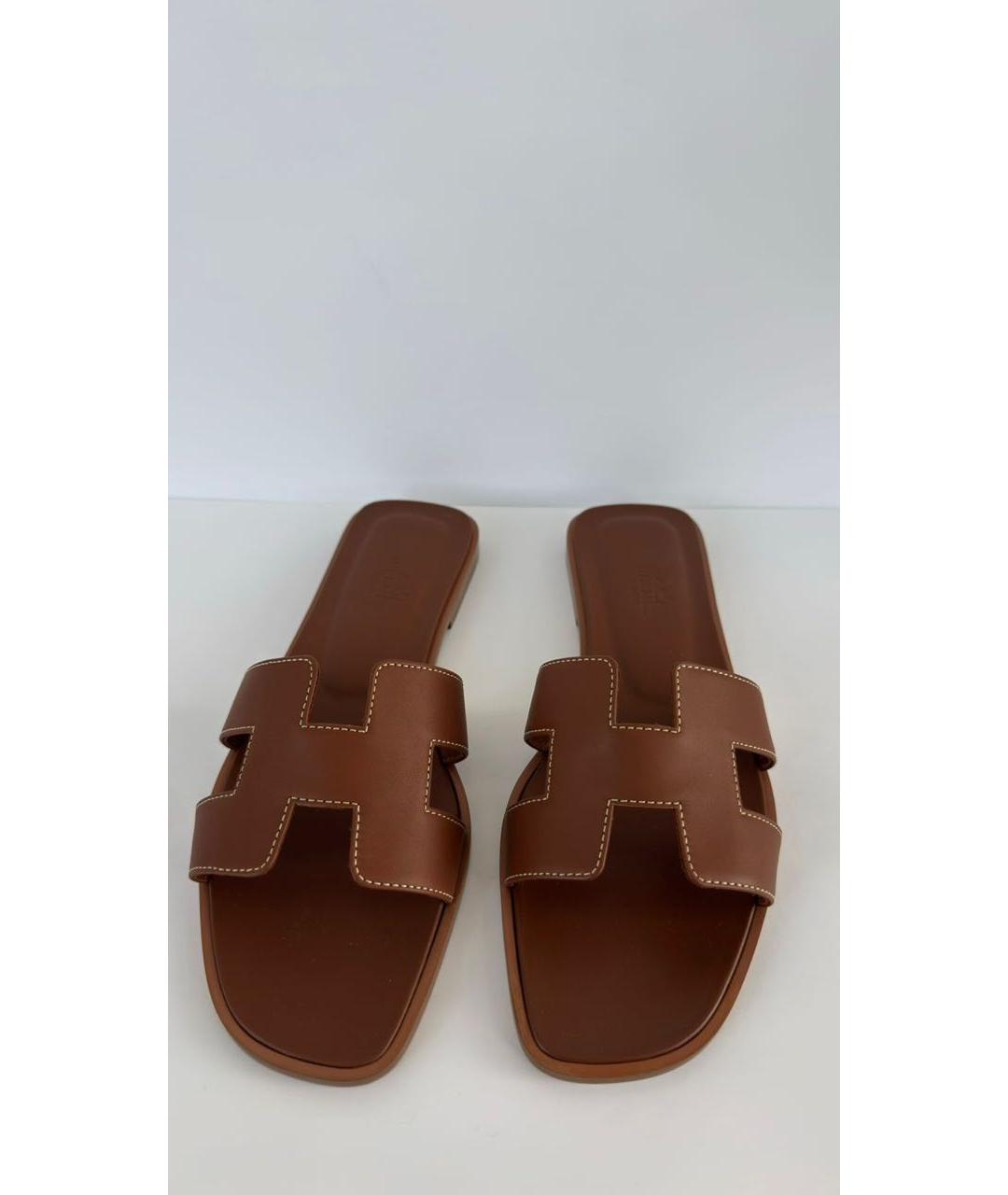 HERMES Коричневые кожаные шлепанцы, фото 4