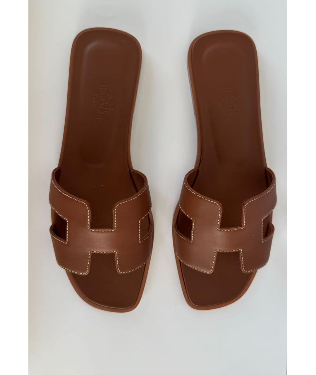 HERMES Коричневые кожаные шлепанцы, фото 2