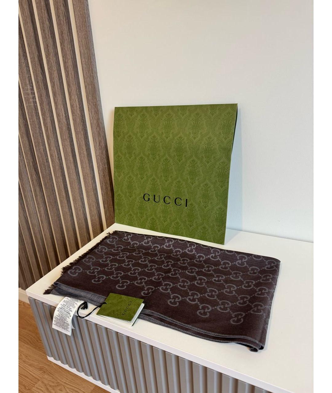 GUCCI Коричневый шерстяной шарф, фото 3