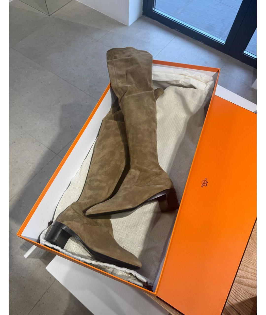HERMES Бежевые замшевые ботфорты, фото 2