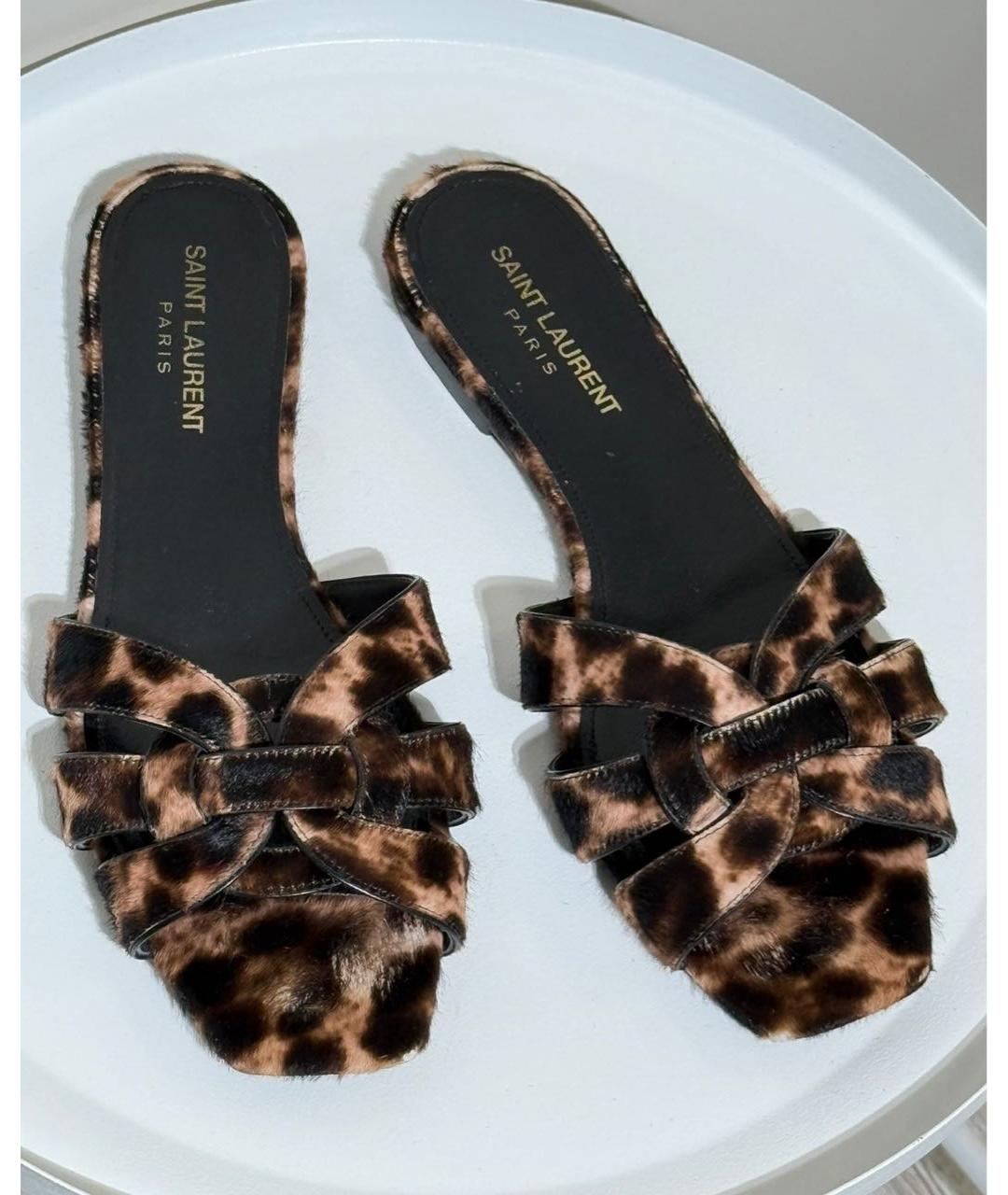 SAINT LAURENT Коричневые кожаные шлепанцы, фото 2