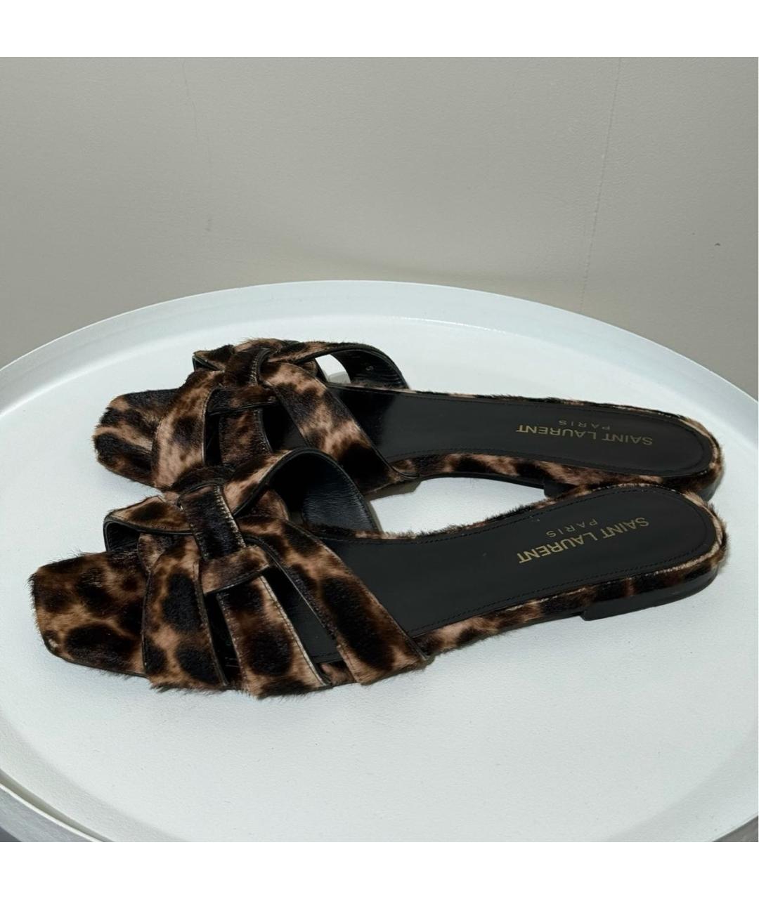 SAINT LAURENT Коричневые кожаные шлепанцы, фото 5