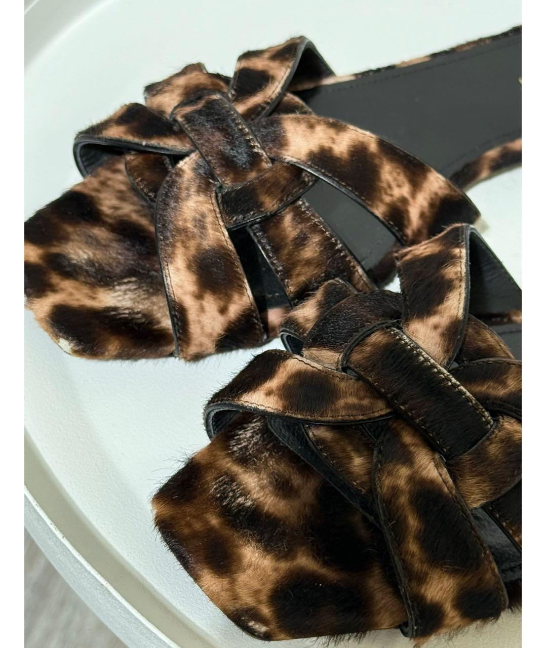 SAINT LAURENT Коричневые кожаные шлепанцы, фото 7