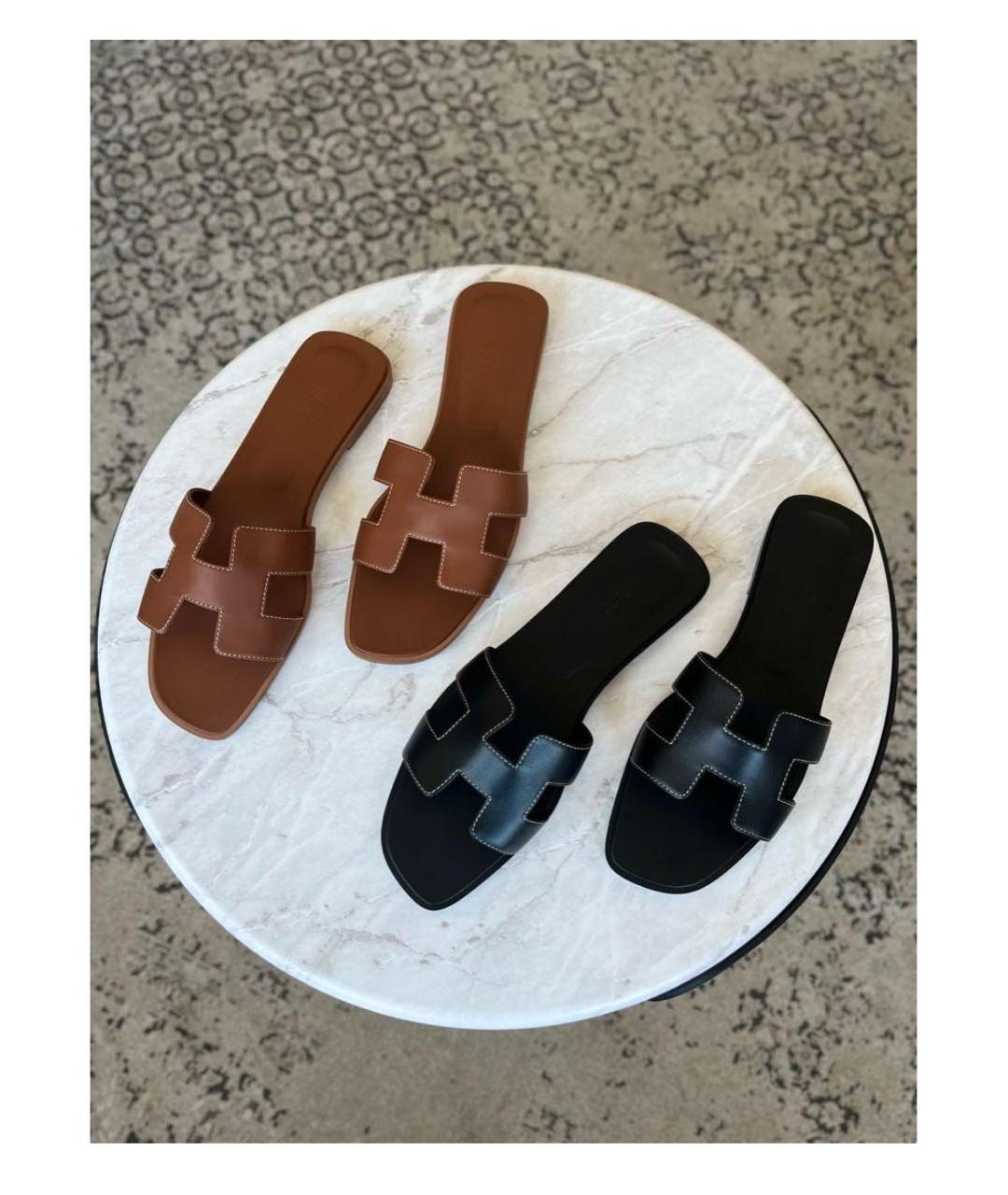 HERMES Черные кожаные шлепанцы, фото 2