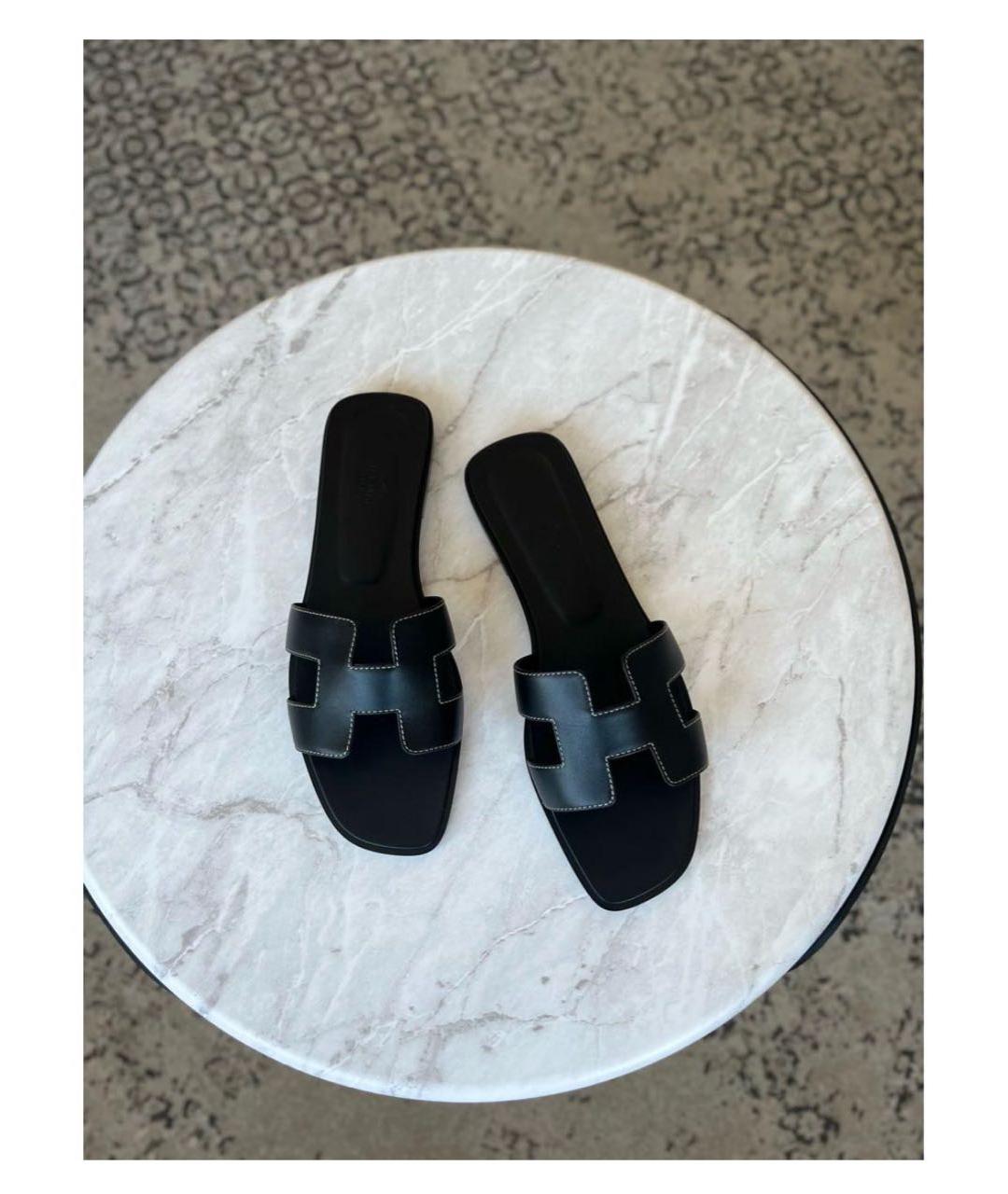 HERMES Черные кожаные шлепанцы, фото 3