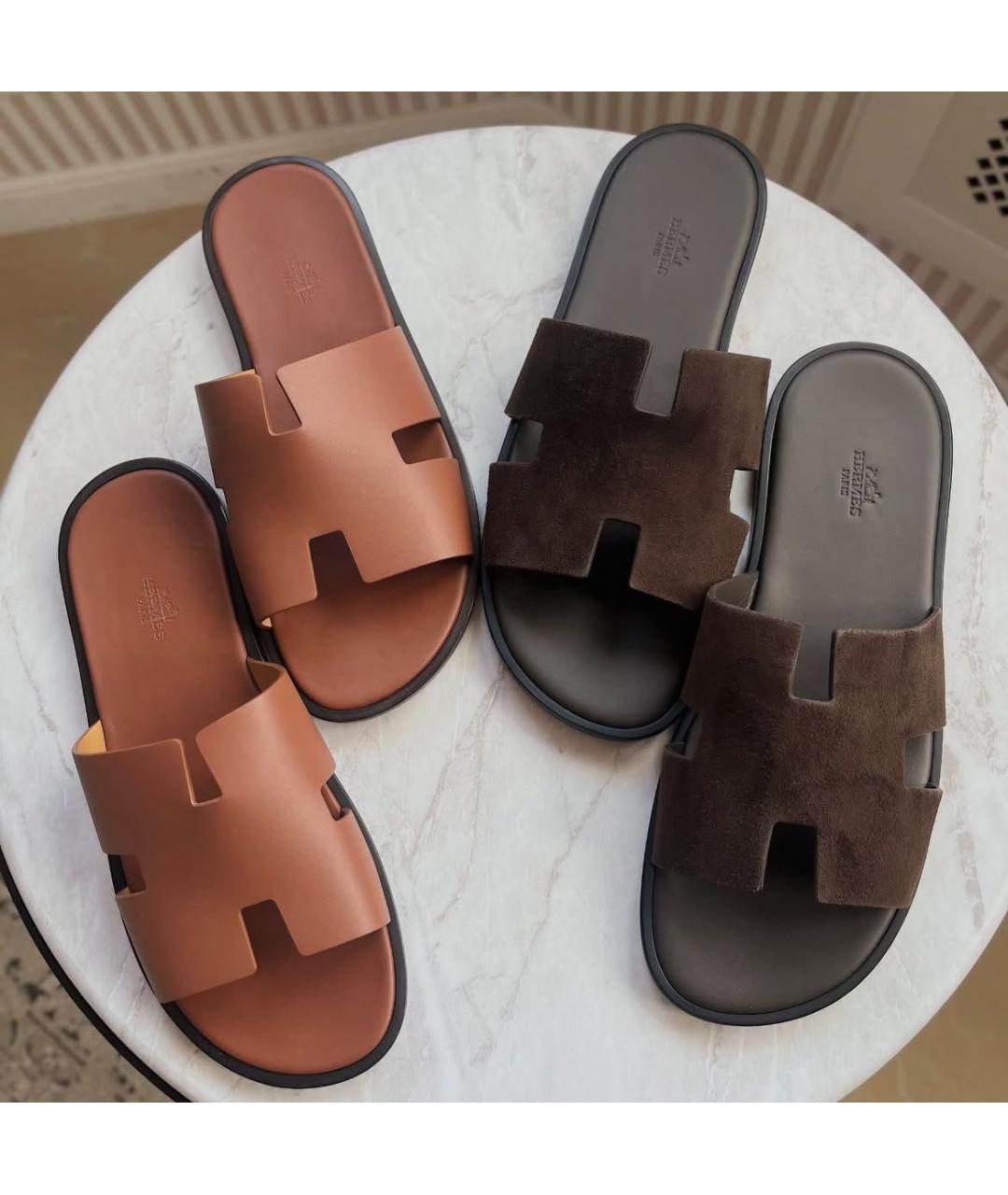 HERMES Коричневые кожаные шлепанцы, фото 2