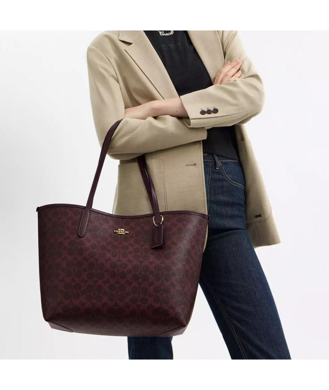 COACH Бордовая жаккардовая сумка тоут, фото 4