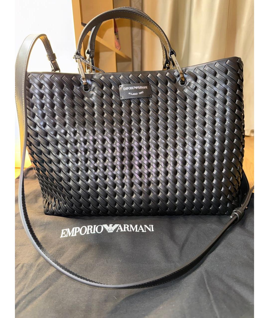 EMPORIO ARMANI Черная кожаная сумка с короткими ручками, фото 7