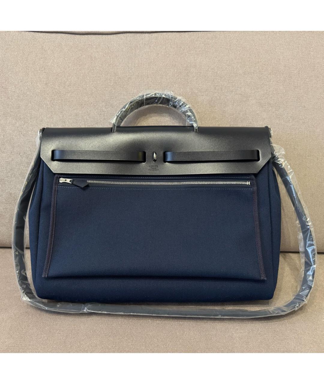 HERMES Темно-синяя кожаная сумка с короткими ручками, фото 3