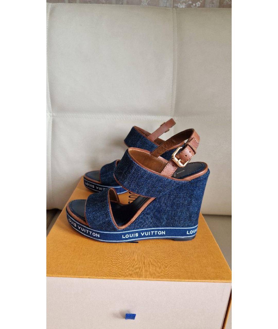 LOUIS VUITTON Темно-синие текстильные босоножки, фото 6