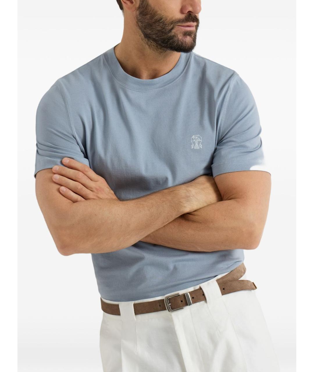 BRUNELLO CUCINELLI Голубая хлопковая футболка, фото 3