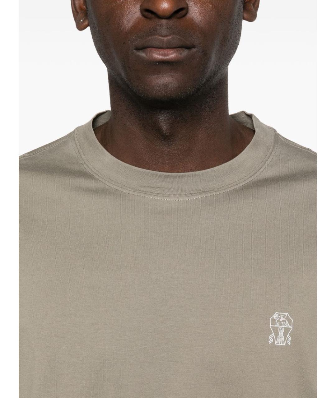BRUNELLO CUCINELLI Хаки хлопковая футболка, фото 3