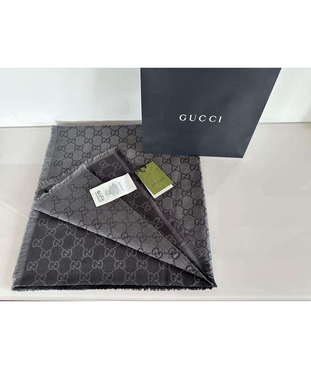 GUCCI Антрацитовый шерстяной шарф, фото 2