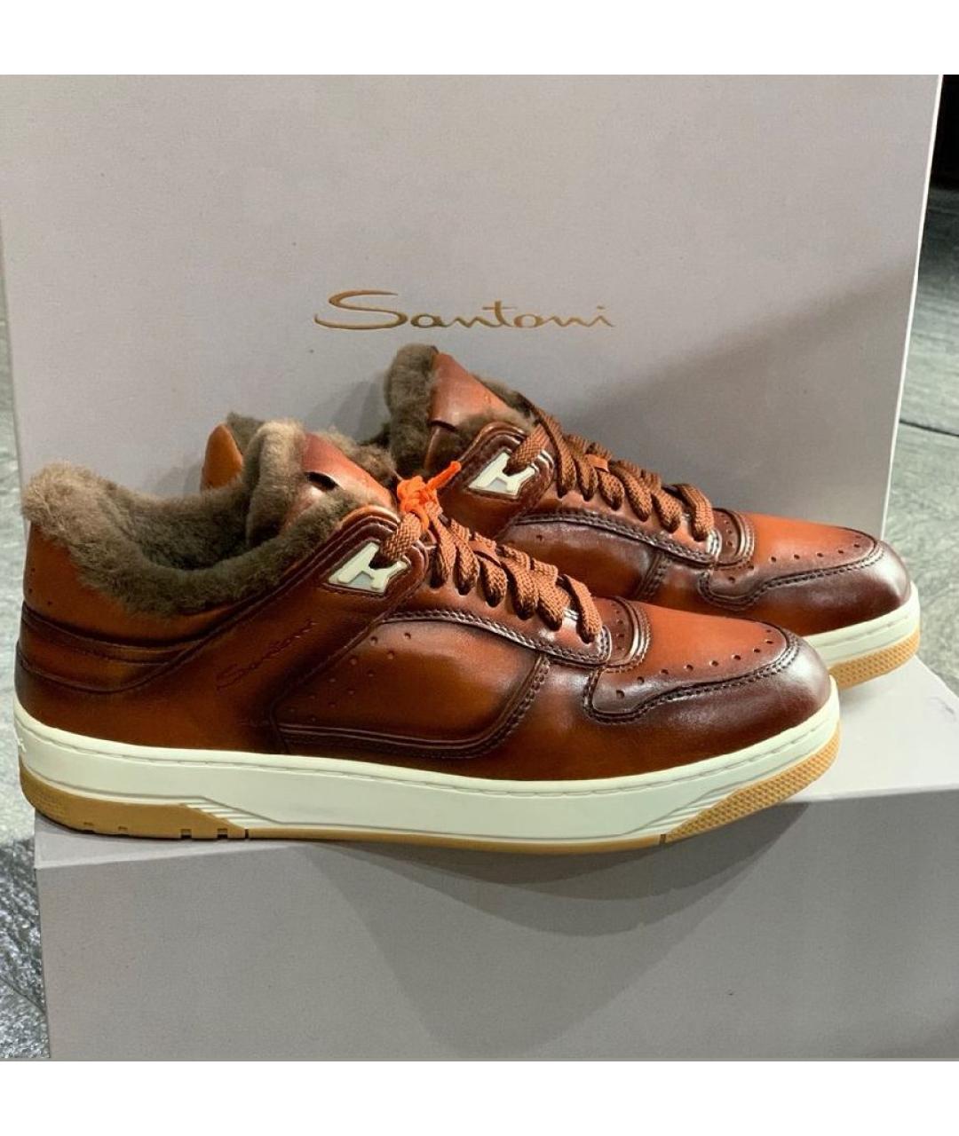 SANTONI Коричневые кожаные низкие кроссовки / кеды, фото 3