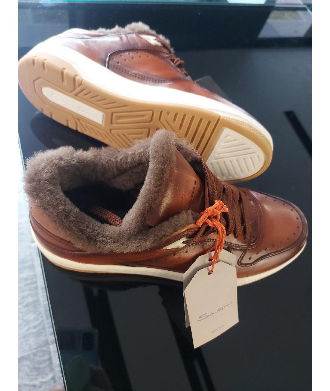 SANTONI Коричневые кожаные низкие кроссовки / кеды, фото 2