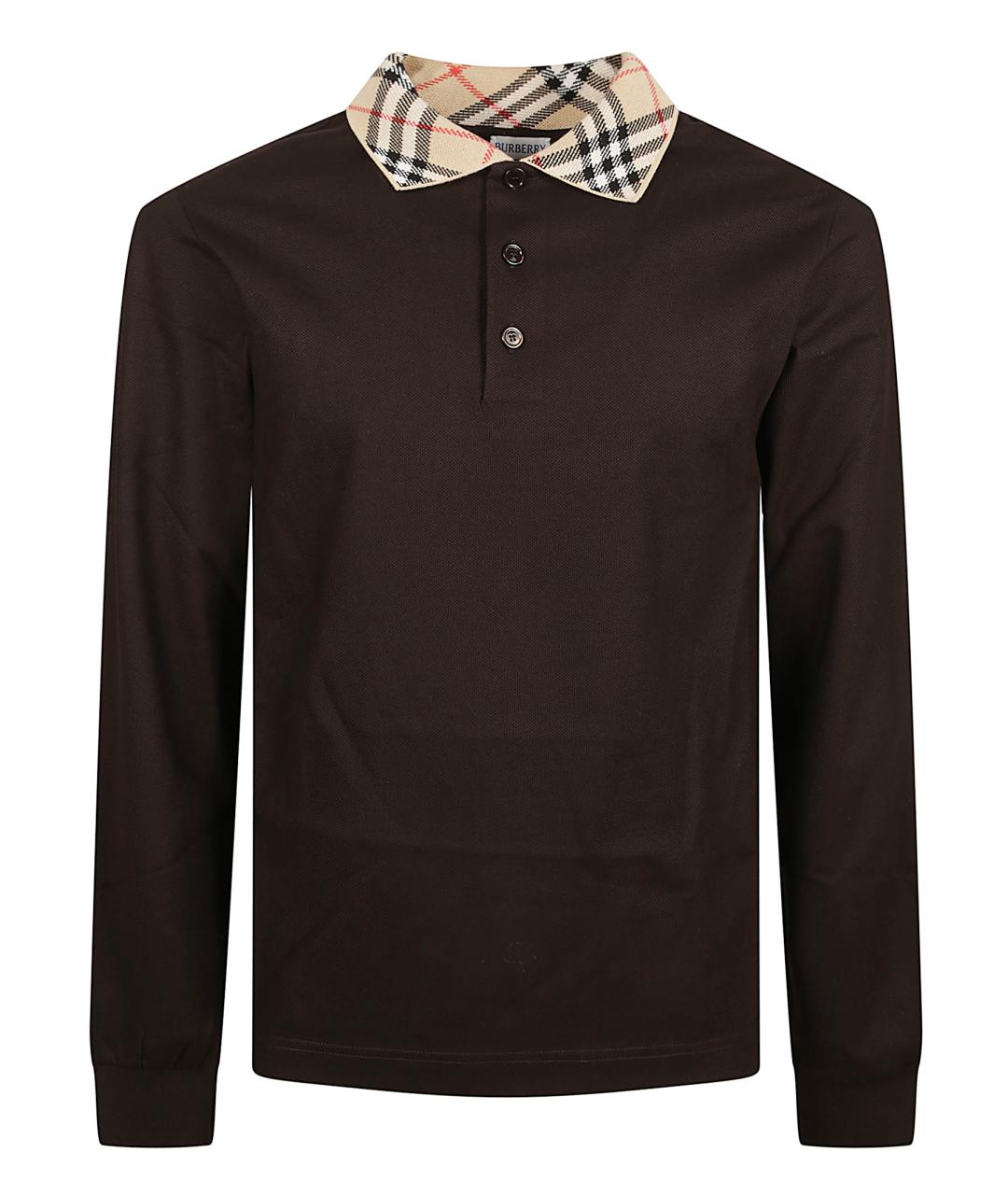 BURBERRY Коричневое хлопковое поло с длинным рукавом, фото 1